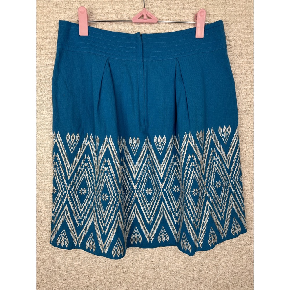 Anthropologie Floreat Winston Diamond Teal Embroidered Pleated Skirt 6 Cotton